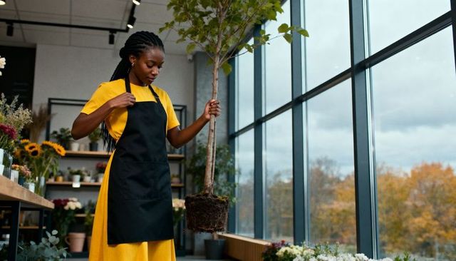 Florist holding young tree in sunny boutique plant shop with large windows