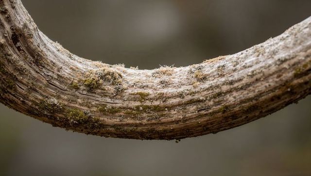 Arched vine close-up revealing textured bark with moss and lichen filaments in woodland