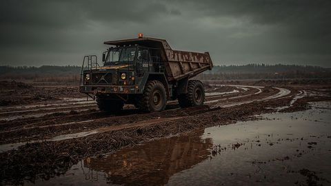 Heavy-duty dumper truck on waterlogged field with raised bed