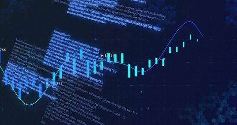 Teal candlestick chart displaying trend line over dark code console for finance analytics