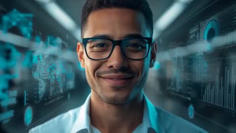 Smiling data analyst navigating holographic dashboards in futuristic corporate corridor