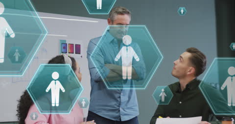 Digital Networking Icons with Diverse Business Team in Discussion