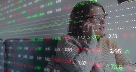 Woman on phone with stock market data overlay