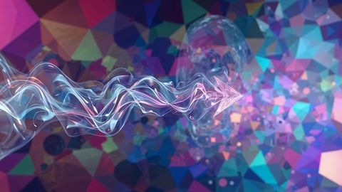 Futuristic ribbon curved arrow in mosaic digital space