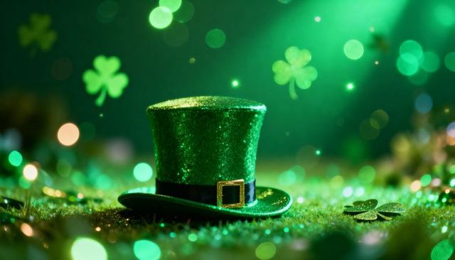 Glittering Green Leprechaun Top Hat on Sparkling Grass with Shamrocks and Bokeh