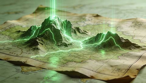Holographic mountain terrain rising from vintage map with neon green energy lines