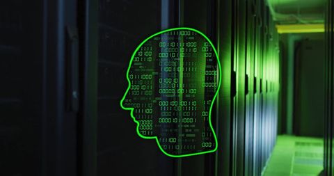 Ai conceptual image with binary code and brain over data servers