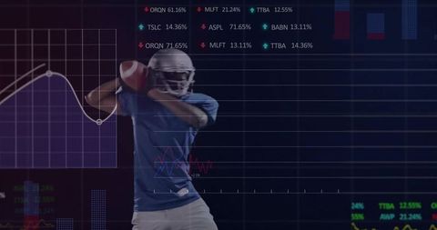 Quarterback preparing throw with data visualization overlay and sports performance charts