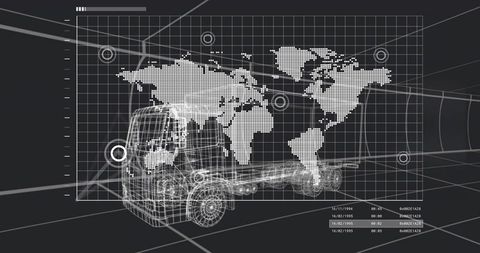 Futuristic Logistics Dashboard Showing Wireframe Commercial Truck, Global Map HUD, Telemetry Overlay