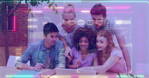 Students Analyzing Data with Futuristic Digital Interface