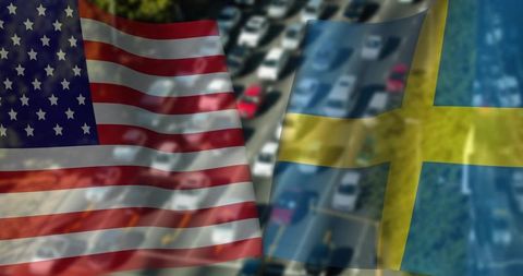Waving united states and swedish flags over aerial highway showing traffic congestion