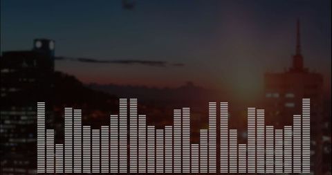 Digital audio equalizer on urban skyline at dusk