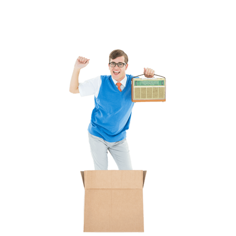 happy fashionable man with retro radio emerging from box - Download Free Stock Videos Pikwizard.com
