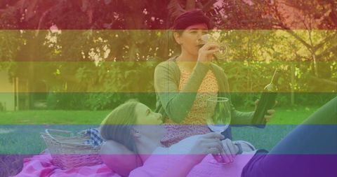 Lesbian Couple Enjoying Wine Outdoors with Pride Theme - Download Free Stock Images Pikwizard.com