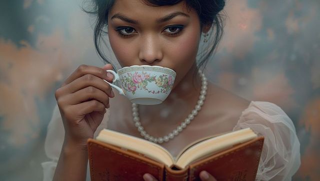 Elegant woman sipping tea while immersed in book