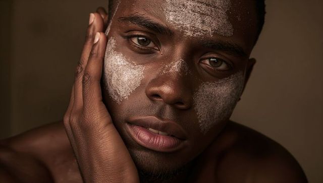 Contemplative male skincare portrait pressing hand to face, clay mask, moody studio headshot