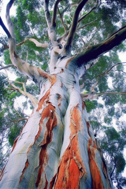 A towering eucalyptus tree fills the frame, showcasing its peeling bark. Its vibrant colors and textures highlight the natural beauty of outdoor flora.