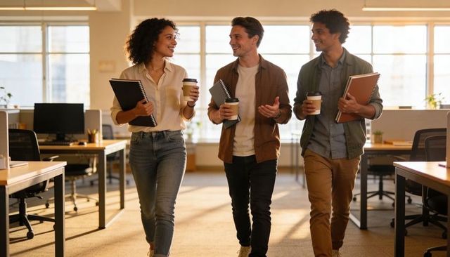 Walking diverse coworkers collaborating in sunlit modern open-plan office with coffee