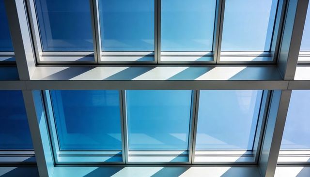 Skylight Grid Casting Diagonal Light Bands Over Blue Glass Atrium Roof Minimalist Geometry