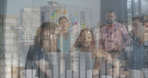 Business Team Analyzing Financial Data Overlay on Cityscape