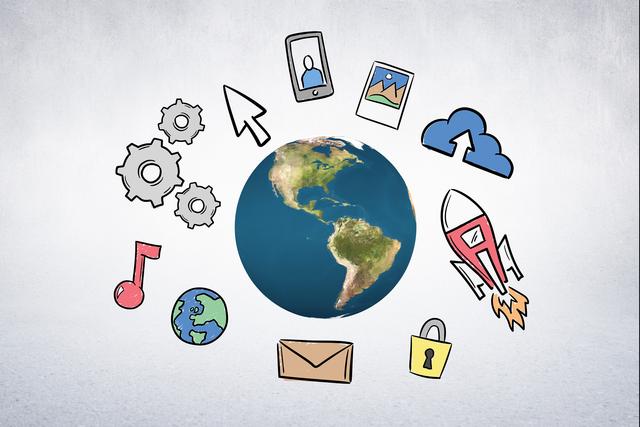 Digital composite showing various business icons surrounding earth. Icons include gears, smartphone, cloud, email, rocket, and security lock, representing different aspects of technology and global communication. Useful for illustrating concepts related to global business, technology integration, internet services, and digital communication.