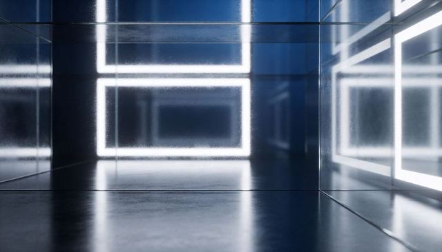 Glowing rectangular LED frame reflecting in mirrored interior, futuristic blue geometry