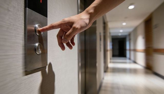 Hand pressing elevator button in modern hallway, close-up finger control for lift access