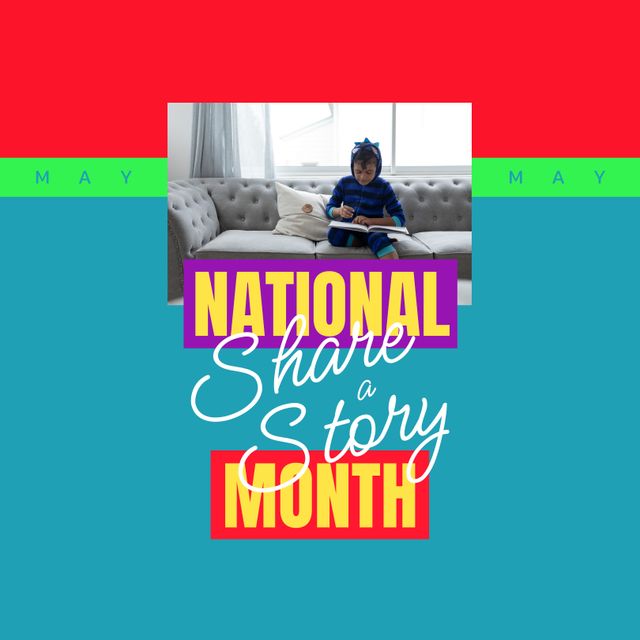 Image highlighting National Share a Story Month with a young boy reading on a sofa. Perfect for promoting literacy awareness, educational programs, storytelling events, and childhood education campaigns.