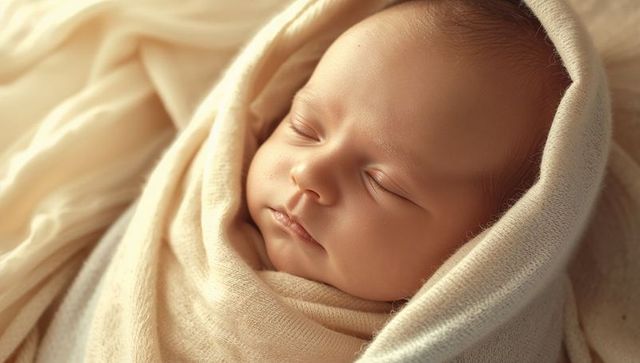 Newborn sleeping peacefully in cozy blanket with cream tones