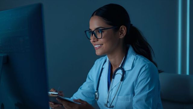 Smiling female doctor charting patient records on tablet during late-night telehealth shift