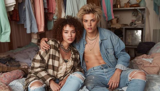 Cozy Bohemian Couple Posing in Casual Fashion Setting