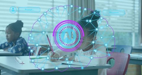 Elementary student writing with ai neural overlay, classroom learning technology concept