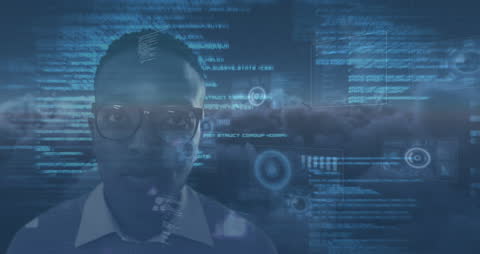 African-American Man Exploring Futuristic Data Holograms
