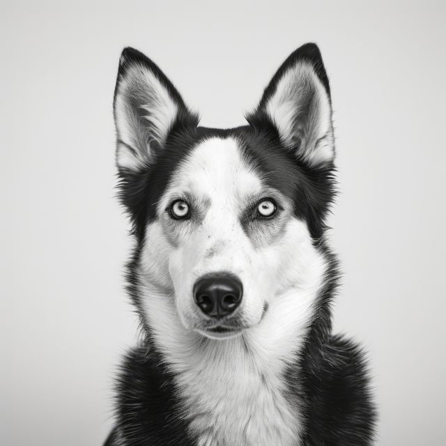 This image portrays a close-up portrait of a Siberian Husky with piercing blue eyes against a plain background. Ideal for use in pet care advertisements, veterinary services, dog breeding programs, or pet adoption campaigns. Perfect for websites, blogs, or marketing materials related to pets and animals.