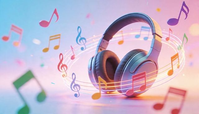 Colorful musical notes orbiting blue over-ear headphones with glowing light trails