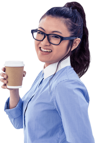 Smiling Businesswoman Holding Coffee in Office Setting with Transparency