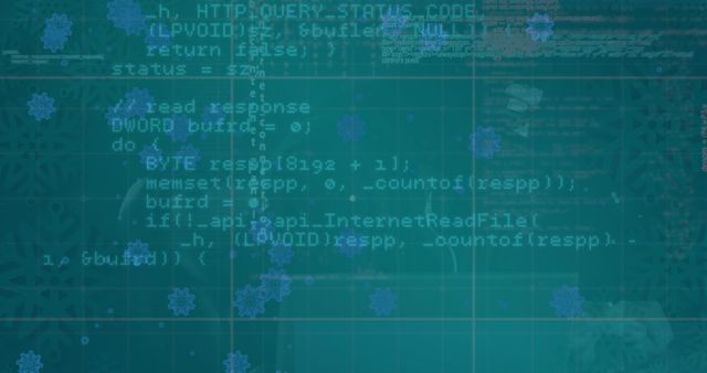 Abstract digital background featuring overlay of computer code and virus icons, symbolizing cybersecurity and digital threats. Ideal for use in technology blogs, cybersecurity articles, educational material, and programming presentations.