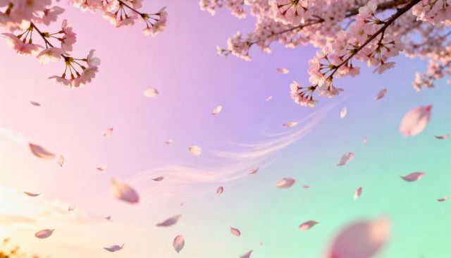Drifting cherry blossom petals over pastel sky, dreamy spring bloom background