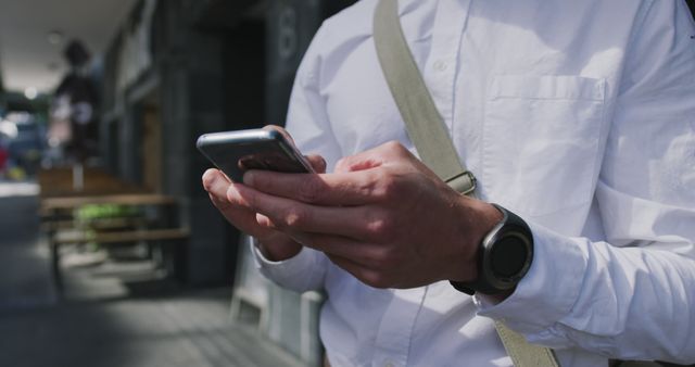 Businessman Texting on Smartphone Outdoor Wearing White Shirt - Download Free Stock Images Pikwizard.com