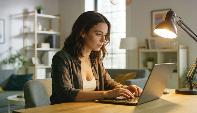 Young woman working remotely at cozy home office desk, typing on laptop under warm lamp