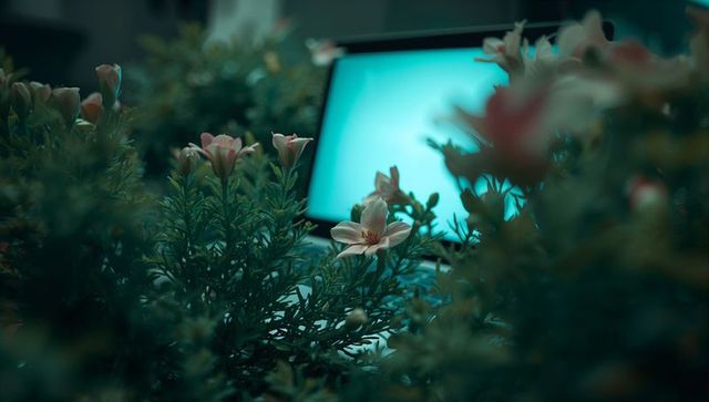 Glowing laptop amidst green foliage and blossoms in modern workspace