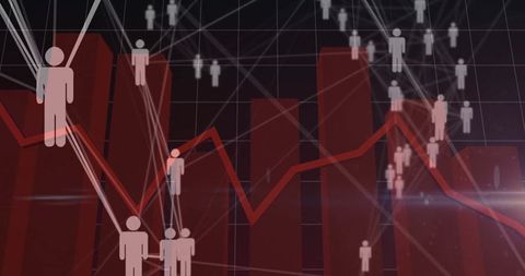 3d red bar graph connection with silhouettes and line network