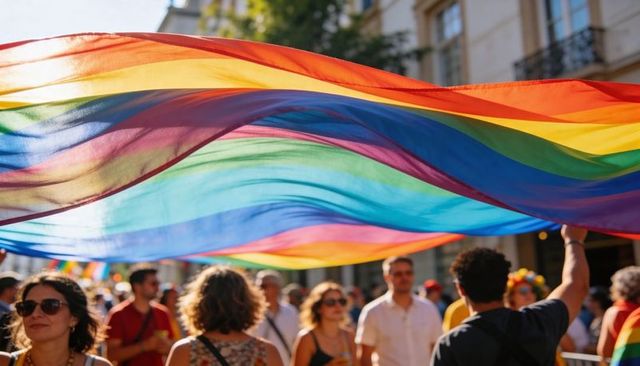 Billowing rainbow flag casting vivid color over urban pride parade crowd celebrating diversity