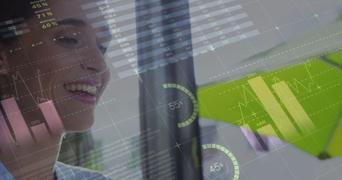 Smiling Woman Engaged with Digital Data Interface