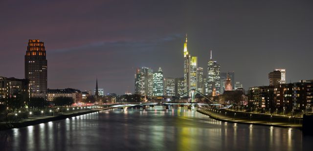 Frankfurt City Skyline at Night with Illuminated Buildings Reflected in River - Download Free Stock Photos Pikwizard.com