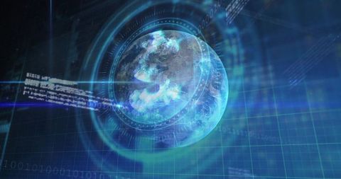 Holographic Globe Rotating with Futuristic HUD and Binary Data Streams, Teal Glow Interface