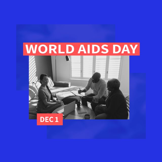 A diverse group of people is shown collaborating in a modern room, smiling and discussing something serious, with a text overlay highlighting 'World AIDS Day' and 'Dec 1.' This visual is ideal for any health awareness campaign, community outreach material, or solidarity promotion related to World AIDS Day. The image typically fits well for social media content, health organizations, and educational resources.