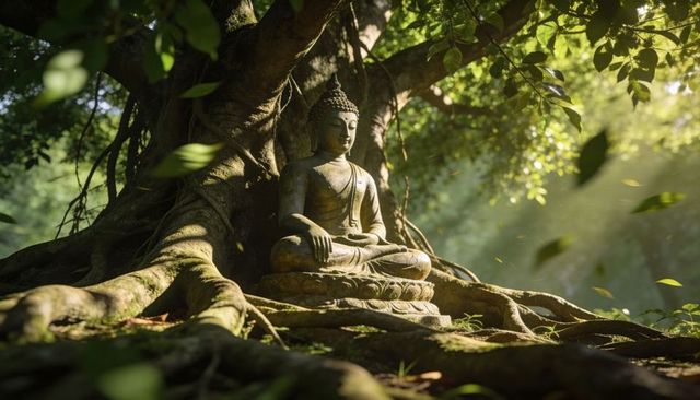 Stone buddha meditating on lotus pedestal among mossy ancient tree roots with sunbeams