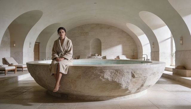 Woman sitting on circular stone tub soaking feet at luxury spa arched vaulted interior
