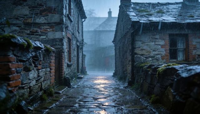 Glittering Rain-Soaked Cobblestone Alley Leading into Misty Stone Village at Dusk